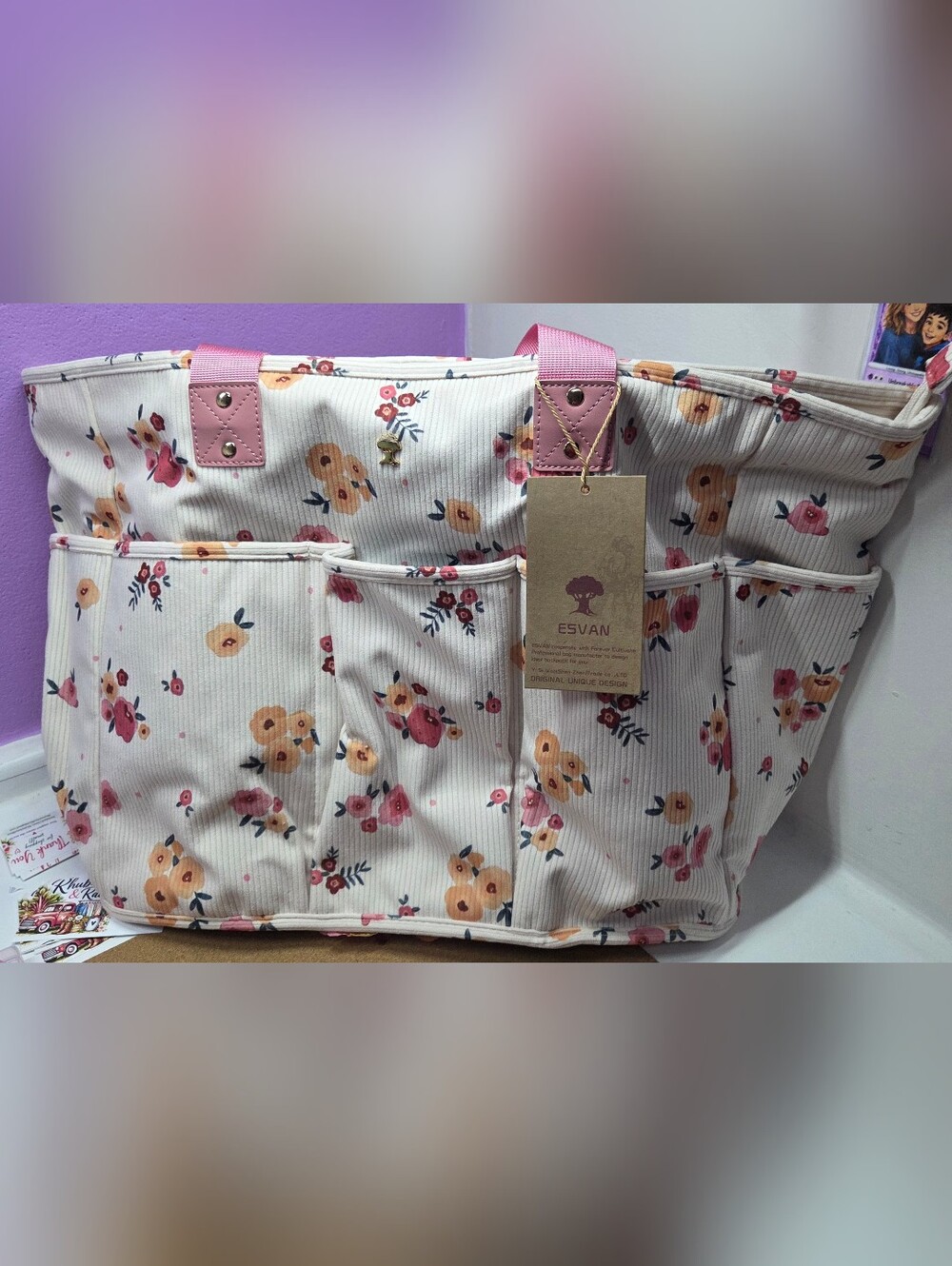 NWT ESVAN Floral Corduroy Multi-Pocket Tote Bag / Utility Organizer